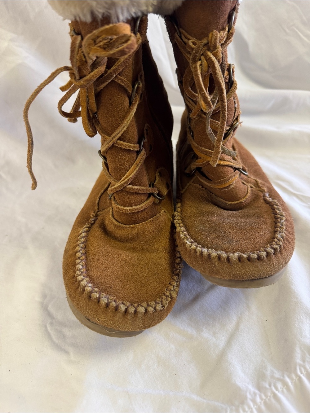 Suede Lace-Up Moccasin Boots in Chestnut Brown
